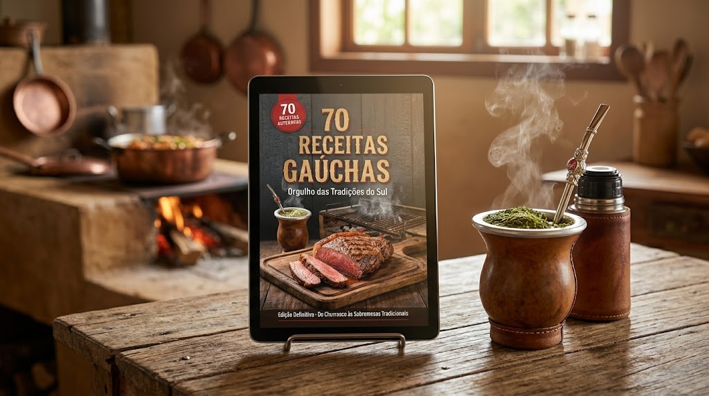 Ebook 70 Receitas Gaúchas exibido em tablet sobre mesa rústica de cozinha campeira