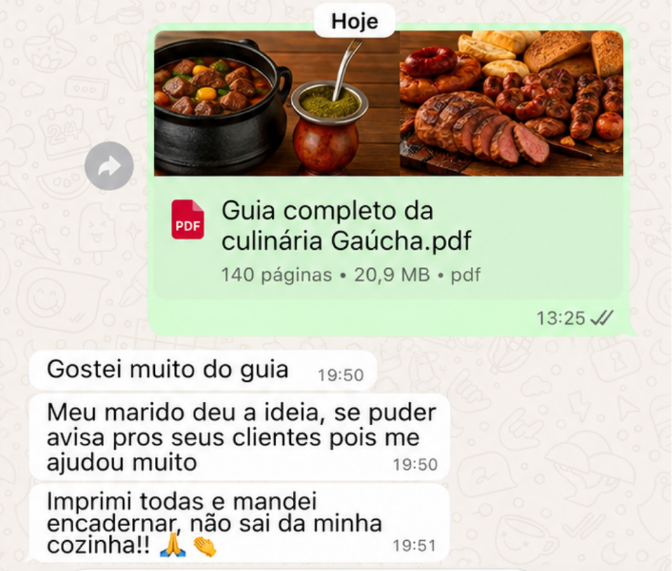 Print de feedback de cliente 3 sobre o guia de receitas gaúchas
